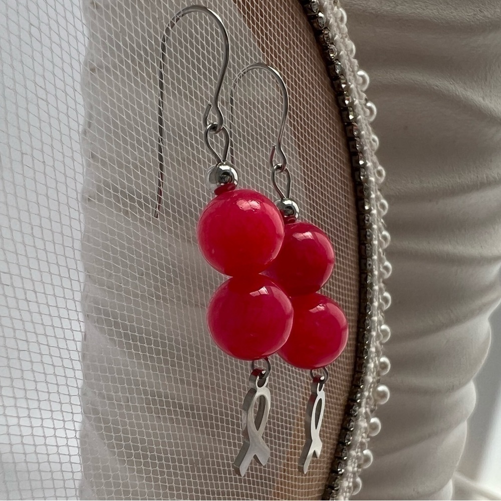Pink Jade Awareness Ribbon Dangle Earrings - Picture 4 of 11